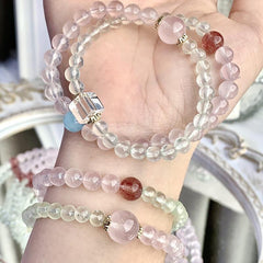 Natural Rose Prehnite Strawberry Clear Quartz Aquamarine Multi-Layer Bracelet