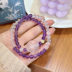 Natural Amethyst Beaded Clear Quartz Fox Charm Bracelet