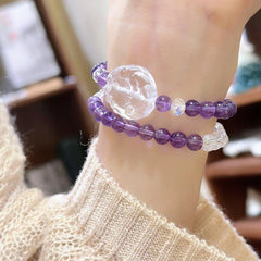 Natural Amethyst Beaded Clear Quartz Fox Charm Bracelet