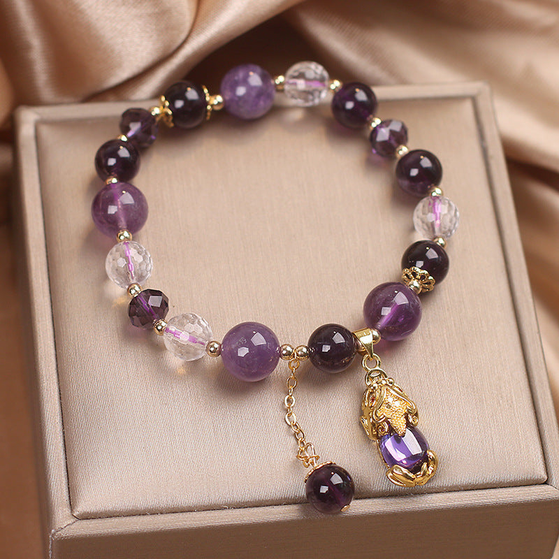 Wealth-Attracting Amethyst Tiger's Eye Pixiu Pendant Bracelet