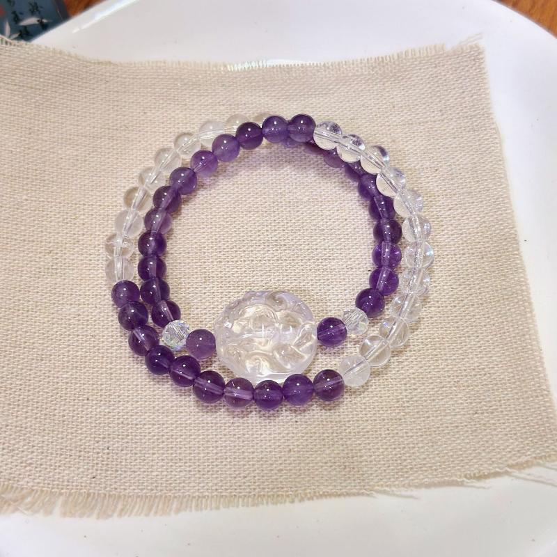 Natural Amethyst Beaded Clear Quartz Fox Charm Bracelet