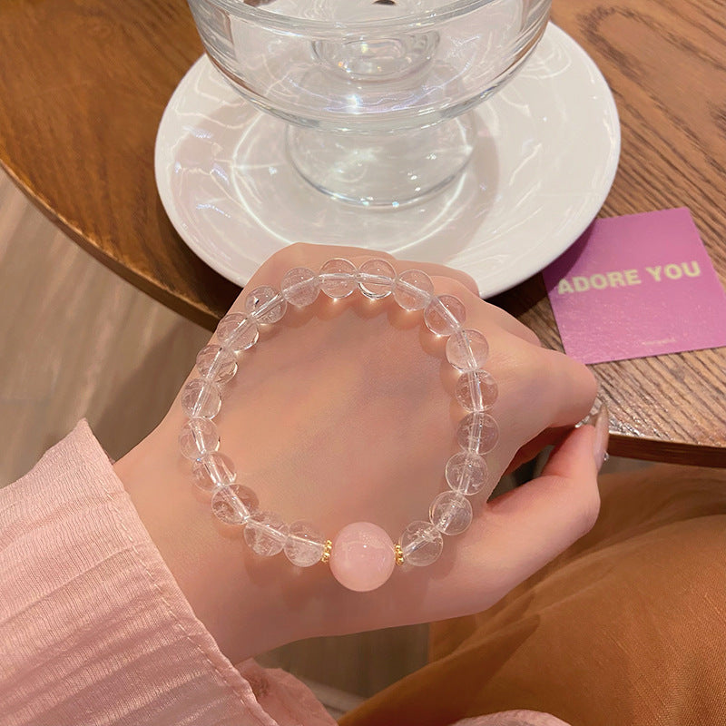 Icy Translucent Peach Blossom White Crystal Rose Quartz Bracelet