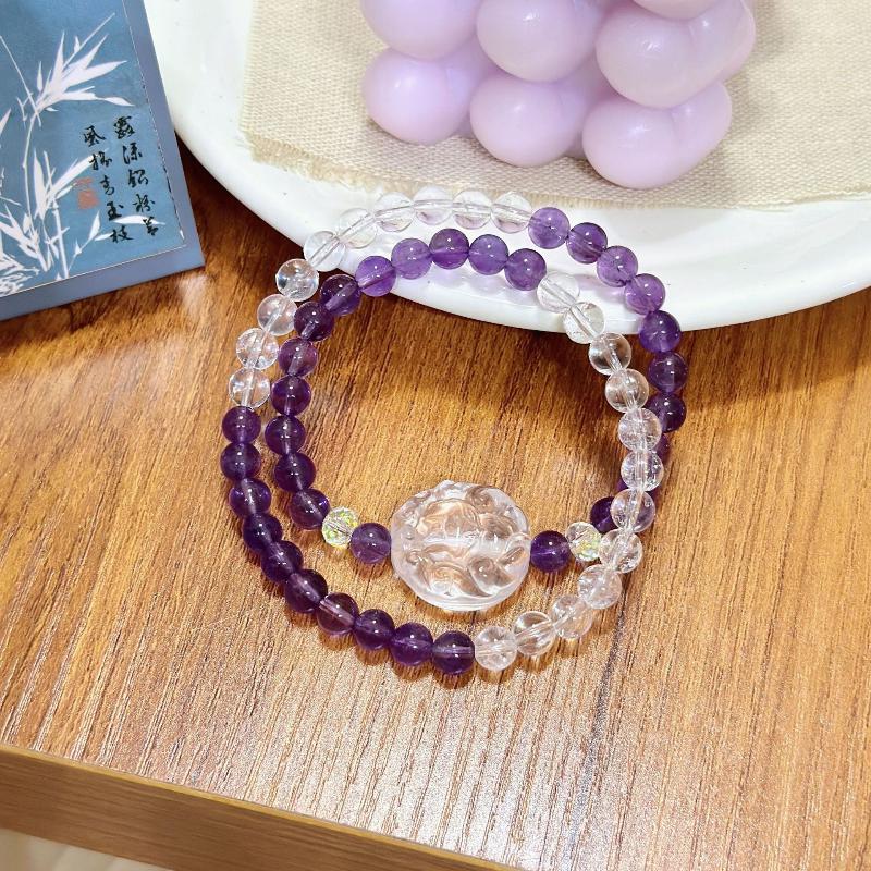 Natural Amethyst Beaded Clear Quartz Fox Charm Bracelet